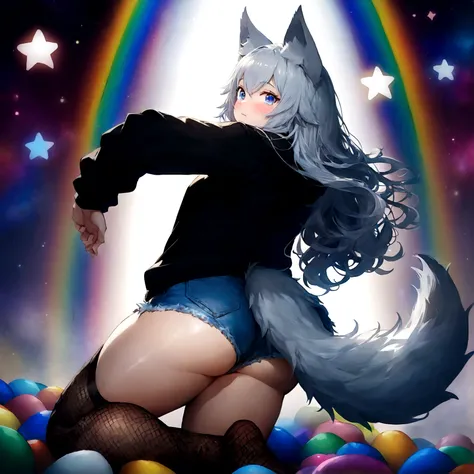 a cute adult male with wolf ears, long white hair, long locks, has a wolf tail, wearing a loose cropped oversized black hoodie, wearing a pair of denim short shorts and fishnet stockings, thick thighs, wide hips, relaxing on mound of fluffy multi colored k...