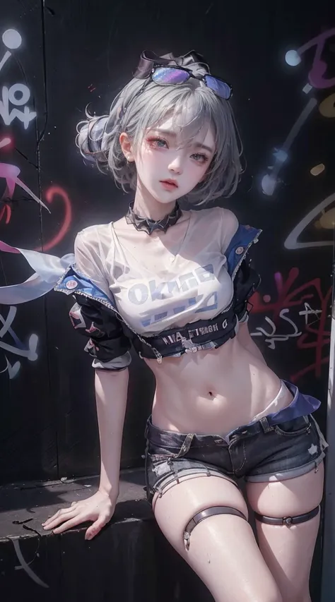 Kamisato Ayaka|Genshin Impact, masterpiece, best quality, 1 girl,25 years old, proportional body, Long legs, beautiful, proportional., Crop Top, Long jeans, Medium breasts, ,only, Crop Top, collar, (Graffiti:1.5), Splash with purple lightning pattern., Put...