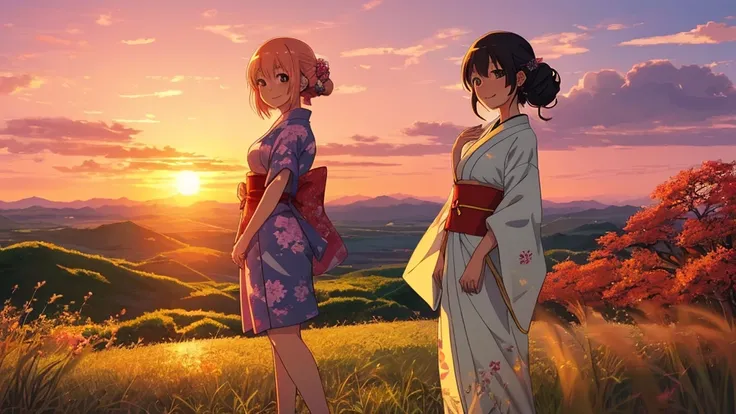 A flawless illustration, an anime-style illustration for Japanese music, a woman standing with a smile, a sunset landscape, vast nature