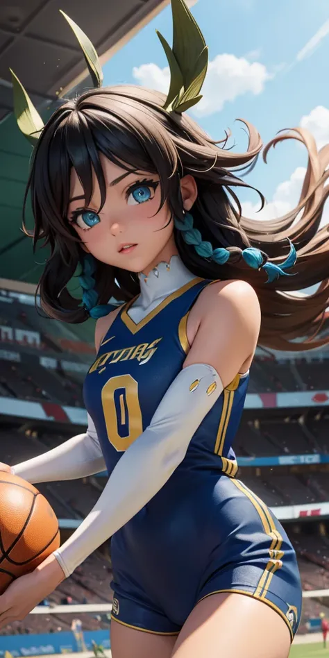 Masterpiece, anime CG, girl, beautful hair, wheat-colored skin, bodysuit, sports girl, wearing basketball uniform, smooth texture, silk texture, green pupils, perfect eyes  