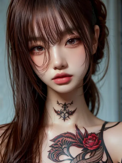 Tattoo Girl, so beautiful, Murderous, Handsome, betrayal, anger, Dark Background, 8k, Dynamic Wallpapers, Very delicate, very dark  