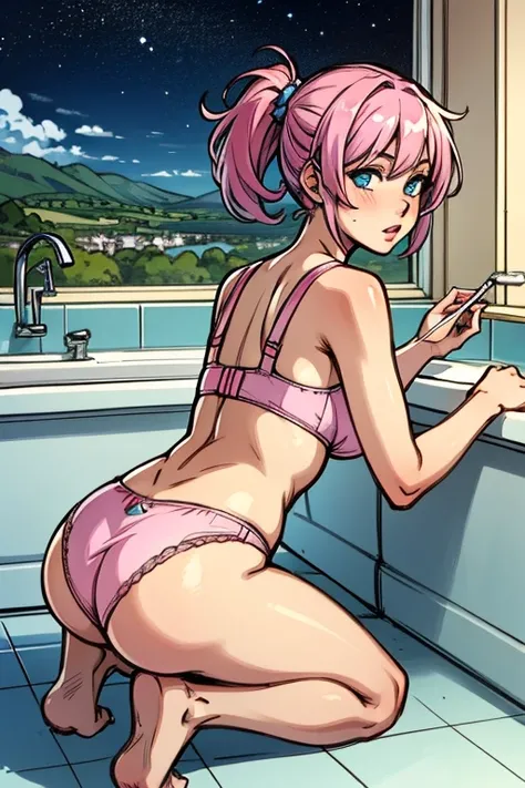 creates an anime girl crouching on her back with pink underwear, 18 years old, blue hair and blue eyes with a landscape of a luxurious bathtub and bathroom accessories