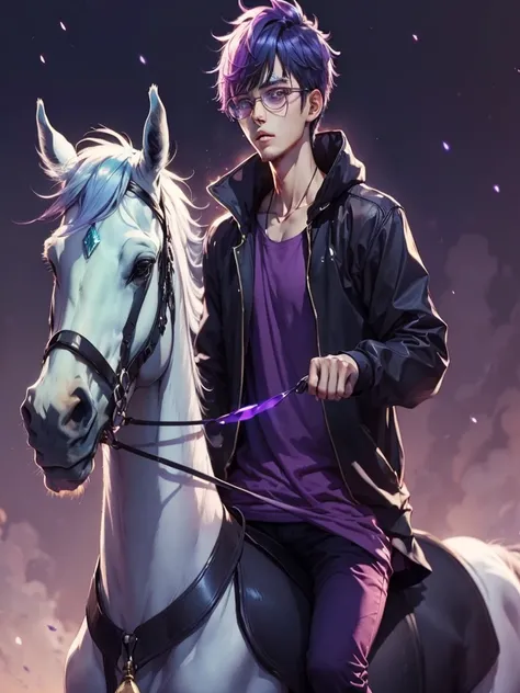 (anime man purple hair punk) (purple round glasses color crystal purple) (riding pure white magical unicorn horse white mane long unicorn Horn) (T-shirt purple Whit happy emoji) (pink aura lenses)
(Neon scar pink)