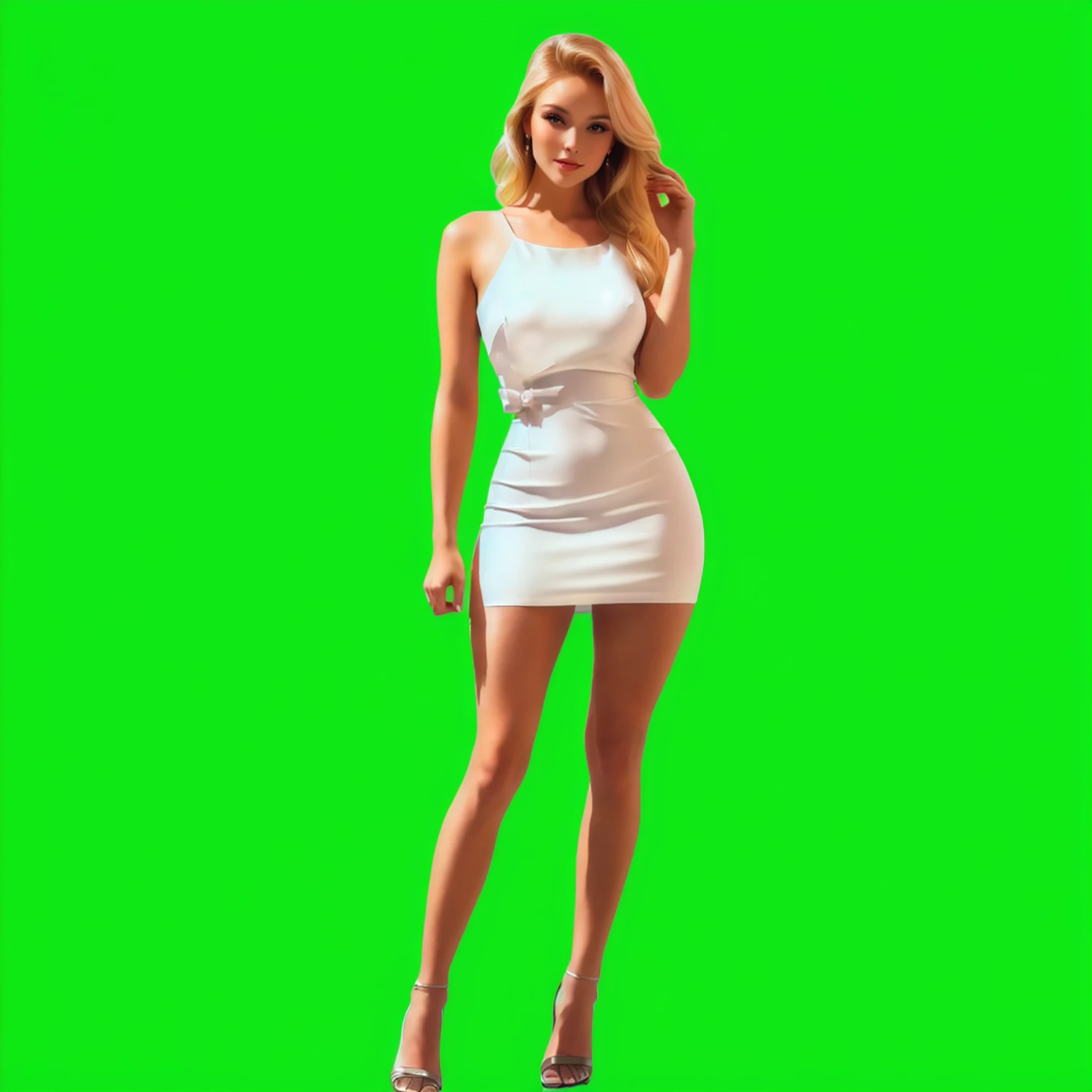 A woman in a white dress is posing for a photo, Green Screen background, Model standing, Full body white dress, full body shot 4k, full body green dress, Background removed, Barbara Hammer 4k, Green Screen, skinTights, Elegant standing posture, Realistic p...