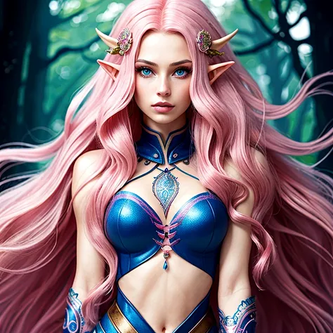 Woman, long wavy hair, pink hair, blue eyes, Elf 