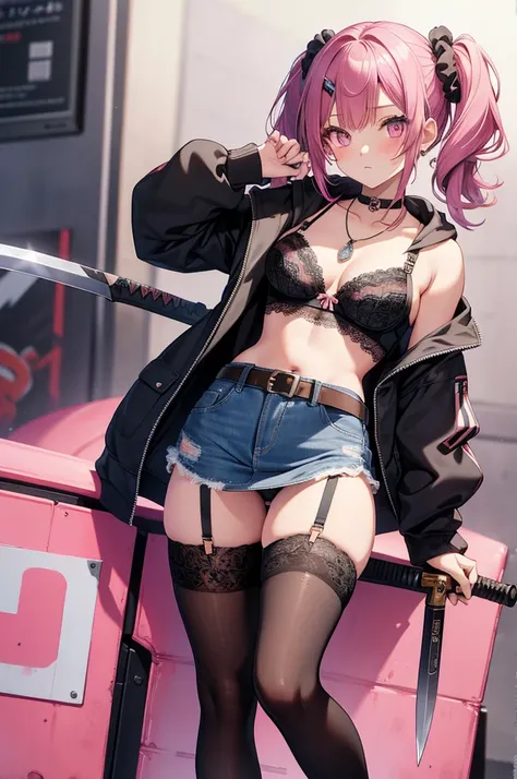 masterpiece, highest quality, pretty girl, 16 , Scrunchie hair ornament, Twin tails,denim pencil mini skirt,hoodie, Patterned stockings, Leg belt, necklace, skinny , Pink and black bra,((showing off lace panties)),sword,knife,Japan holding a sword,Assassin...