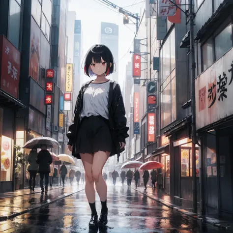 A woman stands in the rain in downtown Tokyo, white bob hair cut, multicolored eyes, pose,