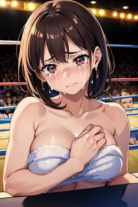 (high resolution:1.3), (16k, Detailed Images), Professional wrestling ring、boxing、横たわるGirl、(Girl、naked、Crying face:1.5)