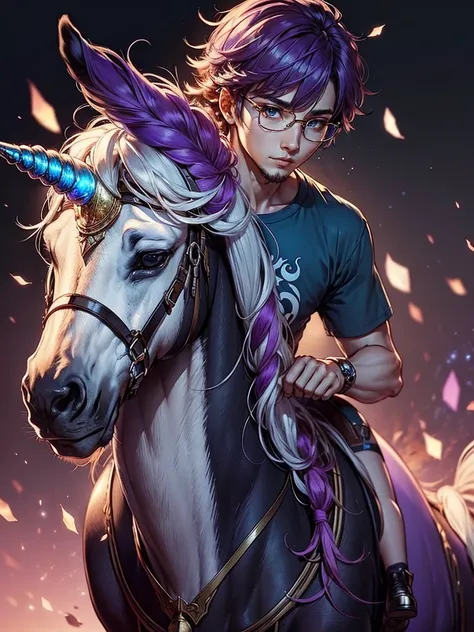 (anime man purple hair punk) (purple round glasses color crystal purple) (riding pure white magical unicorn horse white mane long unicorn Horn) (T-shirt purple Whit happy emoji) (pink aura lenses)
(Neon scar pink)