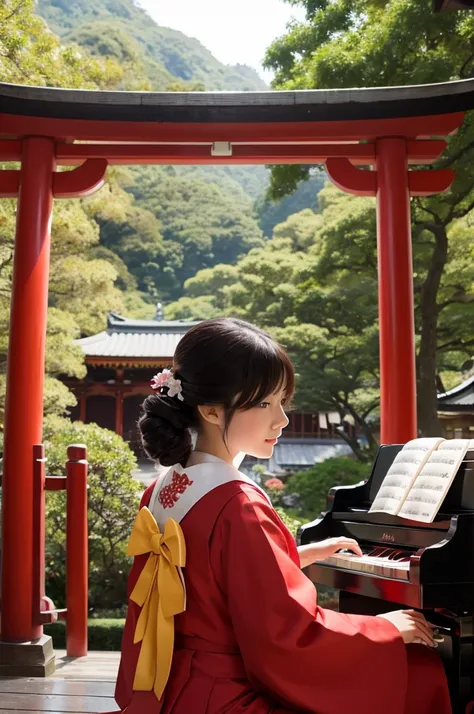 Beautiful woman playing the piano,Dazaifu Tenmangu,Wearing a shrine maiden outfit,Wide angle