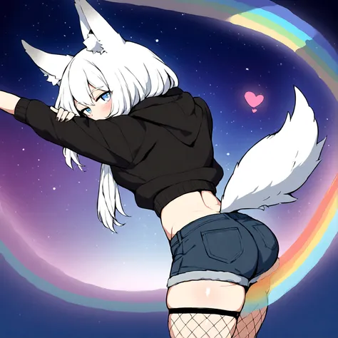 a cute adult male with wolf ears, long white hair, long locks, has a wolf tail, wearing a loose cropped oversized black hoodie, wearing a pair of denim short shorts and fishnet stockings, thick thighs, wide hips, relaxing on mound of fluffy multi colored k...