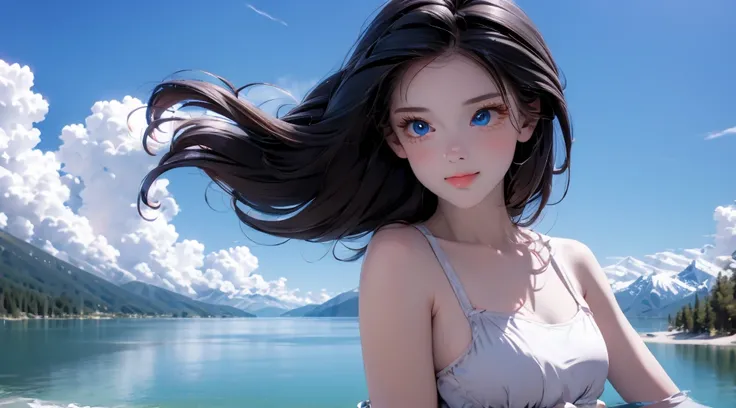 1 girl, medium light black hair, light blue eyes, wearing Sexy outfit , sea , Sexy , high res, ultrasharp, 8K, masterpiece, Looking from the front 18+