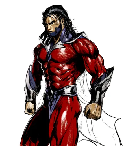 un dibujo de un hombre con un traje rojo, high quality boceto coloreado, coloreado digitalmente, comic character design, comic character, muscular male hero, boceto coloreado, inspirado en Zoltan Boros, tela roja alrededor de sus hombros, new costume desig...