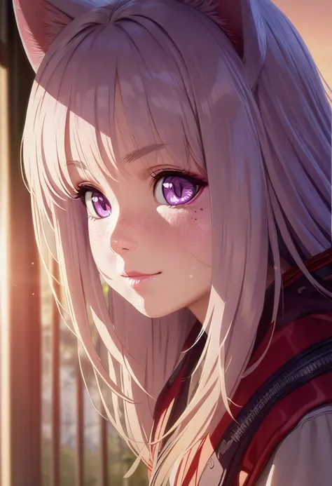 A little cat girl, beautiful detailed purple eyes, cream colored hair, Japanese , red backpack, (best quality,4k,8k,highres,masterpiece:1.2),ultra-detailed,(realistic,photorealistic,photo-realistic:1.37),detailed facial features, detailed clothing, high qu...