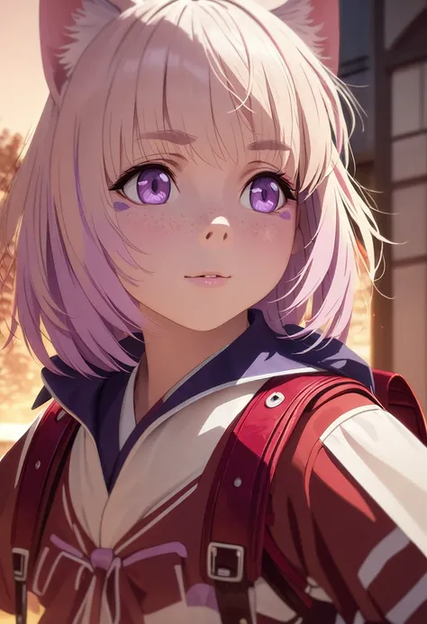 A little cat girl, beautiful detailed purple eyes, cream colored hair, Japanese , red backpack, (best quality,4k,8k,highres,masterpiece:1.2),ultra-detailed,(realistic,photorealistic,photo-realistic:1.37),detailed facial features, detailed clothing, high qu...