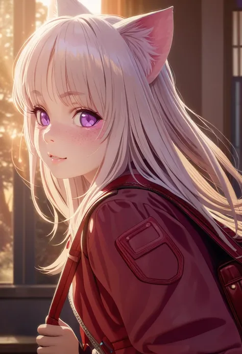 A little cat girl, beautiful detailed purple eyes, cream colored hair, Japanese , red backpack, (best quality,4k,8k,highres,masterpiece:1.2),ultra-detailed,(realistic,photorealistic,photo-realistic:1.37),detailed facial features, detailed clothing, high qu...