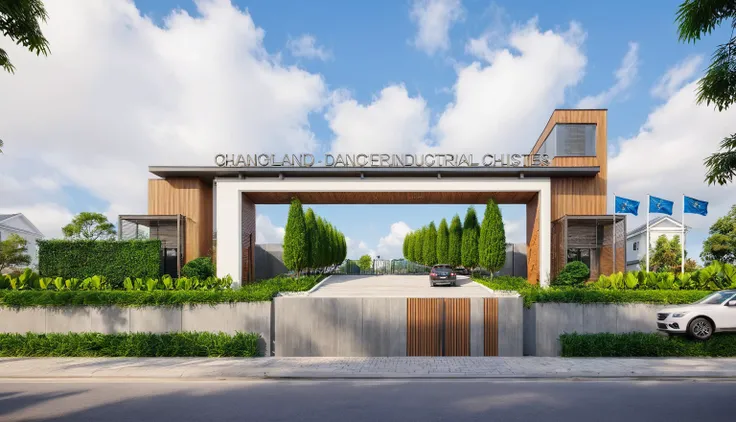 Raw photo,Masterpiece, high quality, best quality, david chipperfield,  won architectural prizes, , authentic, super detail, soft lighting, high quality, exterior, outdoors, welcome gate
 style modern on the street vietnam road,pavement, grass, trees, blue...