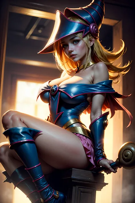 (Obra maestra:1.2), (La mejor calidad:1.2), perfect lighting, Chica Maga Oscura lanzando un hechizo, En sus veinte, flotando en el aire, tetas grandes, escote, bata azul, sombrero grande, desde arriba, Destellos, Yugioh juego, magic of the heart. luces del...