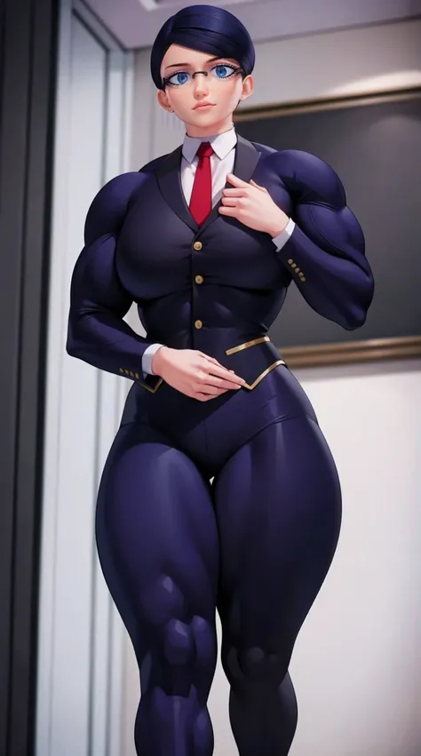 a muscular female bodybuilder in office suit, detailed face, beautiful detailed eyes, beautiful detailed lips, extremely detailed face and muscles, long eyelashes, strong muscles bulging through suit, dynamic pose, professional studio lighting, hyperrealis...