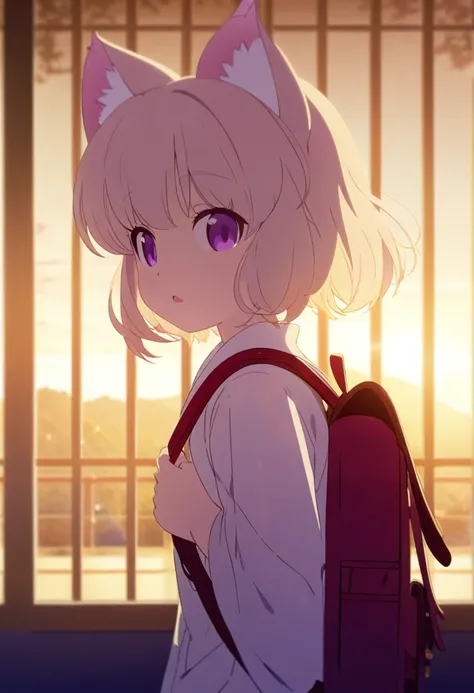 A little cat girl, beautiful detailed purple eyes, cream colored hair, Japanese , red backpack, high quality lighting, vibrant colors, soft lighting, golden hour lighting, magical realism, fantasy, anime style