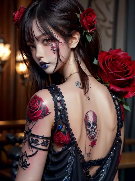 Tattoo Girl, (((Skull and rose tattoo 1.5)))、so beautiful, Murderous, Handsome, betrayal, anger, Dark Background, 8k, Dynamic Wallpapers, Very delicate, Very dark white tank top、(((swarovski)))、