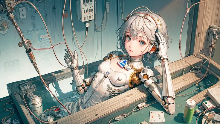 (((masterpiece))), (((highest quality))), ((Very detailed)), (Highly detailed CG illustrations), ((Very delicate and beautiful)),(Cute and delicate face),Light,((1. Machine Girl)),alone,whole body,(Machine made joints:1.4),((Mechanical Limbs)),(Muscles bul...