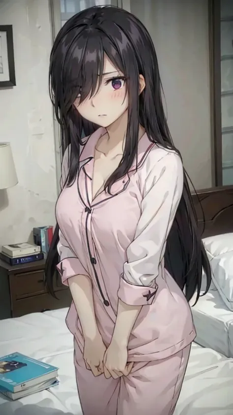 1girl, perfect ,black hair, perfect eyes, long hair, (hair over one eye:1.4), messy hair, hair between eyes,sexy body,busty breast,pink pajama, innocent shy blush on , bed