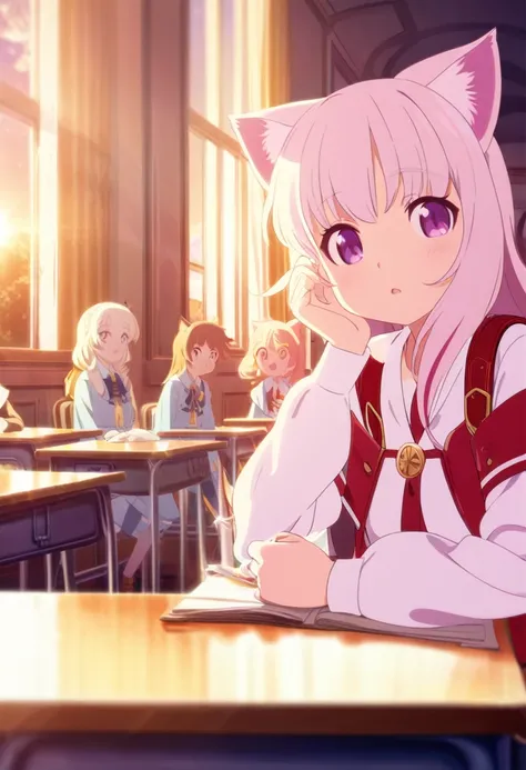 A little cat girl, beautiful detailed purple eyes, cream colored hair,  , red backpack, high quality lighting, vibrant colors, soft lighting, golden hour lighting, magical realism, fantasy, anime style, In a classroom full of students 