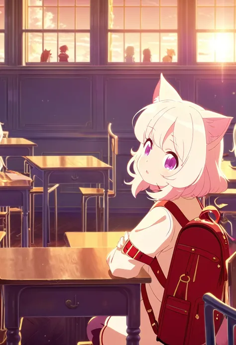 A little cat girl, beautiful detailed purple eyes, cream colored hair,  , red backpack, high quality lighting, vibrant colors, soft lighting, golden hour lighting, magical realism, fantasy, anime style, In a classroom full of students 