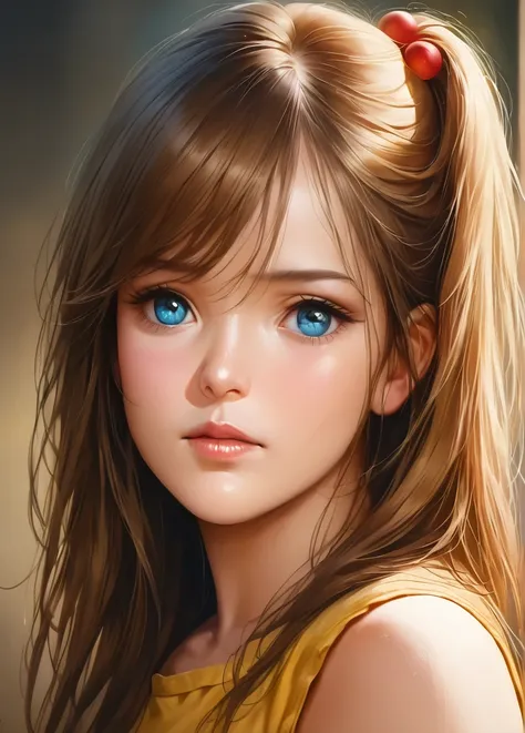 a beautiful girl with blue eyes and brown hair, one side of her hair is up with hair bobbles, she has long hair and a hair ornam...