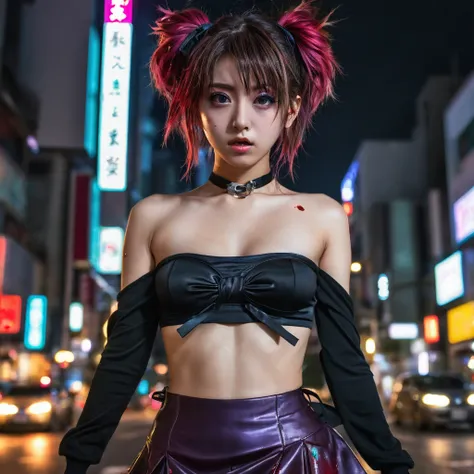 (8k, RAW photo, masterpiece:1.3), (realistic, photo-realistic:1.37), (night), (looking at viewer:1.331), (bloody hair), posing, Tokyo street, nightcityscape, cyberpunk city, soft light, toplessgirl, extremely beautiful face, bust, put down hands, Random ha...