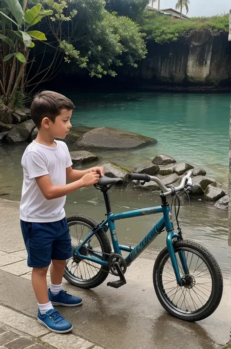 A small sea and a boy washing a bike