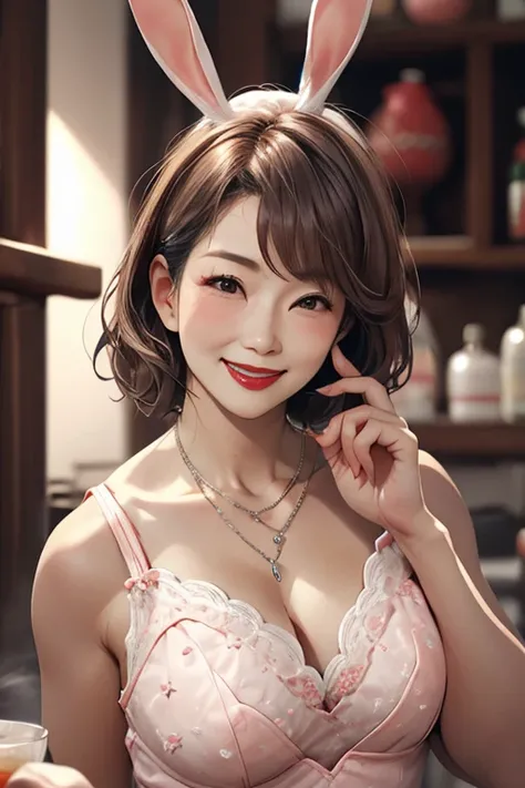 Mature Japanese women in their 50s, Beautiful mature woman, Long eyelashes, Nice body, smile, super short hair, short hair, Full body emphasis, Playboy Bunny, Bunny ears, Pearl Necklace, Red lipstick, Erotic appearance, Sex Appeal, Sensual