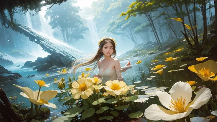 32k, Masterpiece, highest quality, One girl, Detailed eyes, flower,Sandersonia, Yellow and white style,A dreamy, romantic piece,Pale orange, Mysterious Leaves,A playful arrangement,Fantasy,High Contrast,Ink strokes,explosion,Exposure, Impression of yellow ...