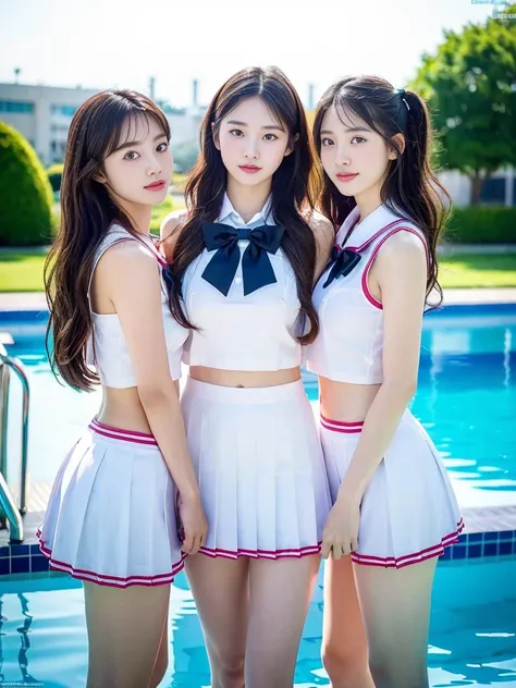 (A super cute Korean gal high school girl takes a photo with two close friends from her class..2)(To laugh out loud:1.2)(Beautiful Sweat:1.1)(16k, RAW Photos, highest quality, masterpiece: 1.2),(Mr.々Beautiful blonde with a stylish hairstyle:1.2) Super deta...