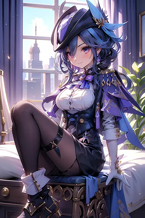 front、whole body、Looking down、Cross your arms、Fearless smile、clorinde (genshin impact),1girl,solo,purple eyes,hat feather,tricorne,white gloves,low ponytail,blue cape,blue hair,epaulettes,black pantyhose,ascot,breasts,black skirt,corset,blue headwear,boots...