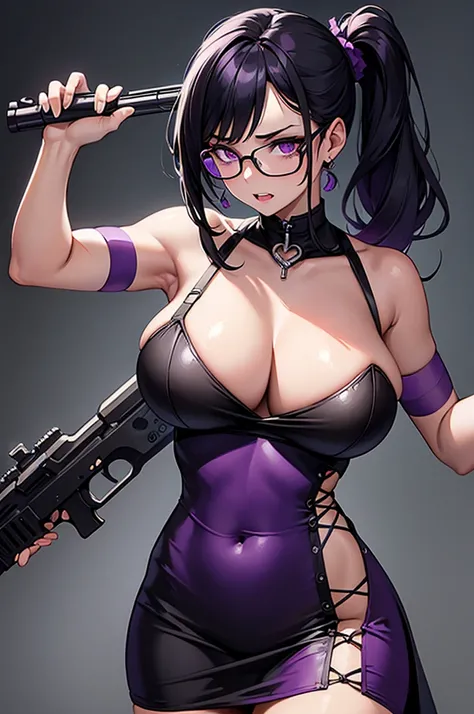 masterpiece,Big Breasts,beauty,Purple glasses,Black Hair,Side Ponytail,Surrounded by zombies,Gritting your teeth,ripped sexy dresses,Holding a gun