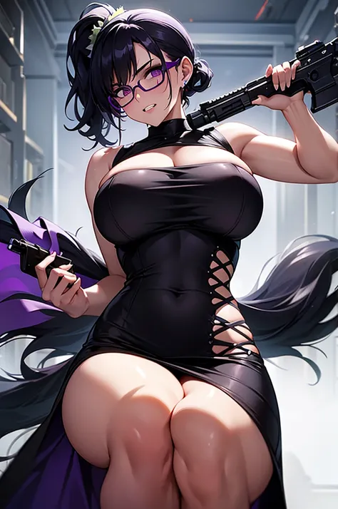 masterpiece,Big Breasts,beauty,Purple glasses,Black Hair,Side Ponytail,Surrounded by zombies,Gritting your teeth,ripped sexy dresses,Holding a gun