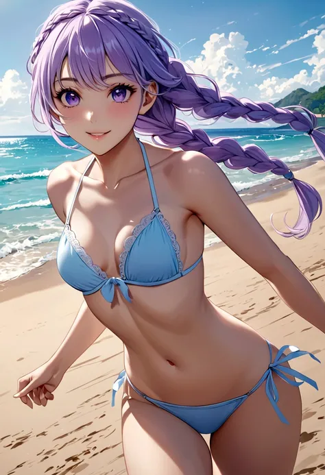 (masterpiece), best quality, expressive eyes, perfect face, small breast, 8K, looking at viewer A with two long light purple braid, wearing a light blue bikini, happily runs on the beach,