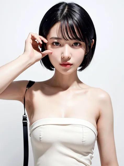 ((highest quality)), ((masterpiece)), (detailed), One girl,White background,Short Bob,Clear skin,clear,Shooting from a distance,delicate,Beauty salon model,Street Snap,Black Hair