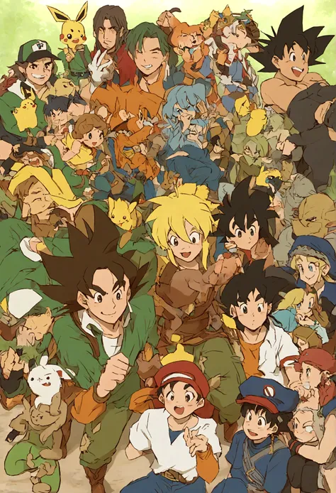 Una imagen de un picnic con los siguientes personajes: Goku, picachu, ash Ketchum, Bang Freiheit de Zoids, Link de Zelda, Seiya de los caballeros del Zodiaco, el maestro Roshi, kurochan, Oliver Atom