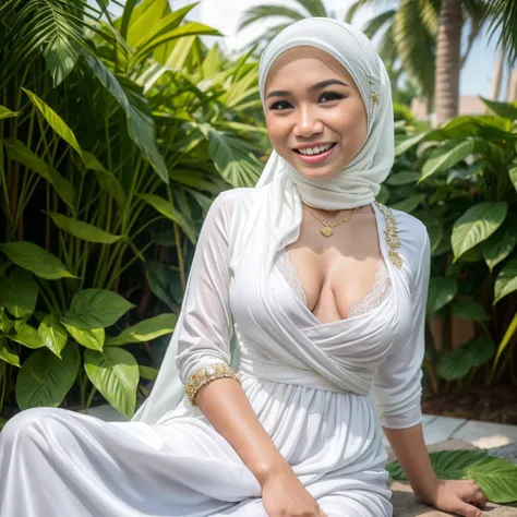 A malay woman, 15 year old, wear hijab, white skin type, smile, baju kurung dress, Realistic, Photorealistic, 8K, Masterpiece, Best Quality, High Definition, Live Action, RAW Photo, Single Woman, Beautiful Body, Heavy Big Breast, ((Cleavage)), Sexy, Marrie...