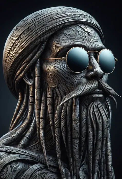 retro-futuristic sculpture made from thousands of blocks of acid-etched damascus steel, 3d floating head of a rastafarian, view ...