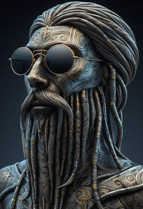 retro-futuristic sculpture made from thousands of blocks of acid-etched damascus steel, 3d floating head of a rastafarian, view ...