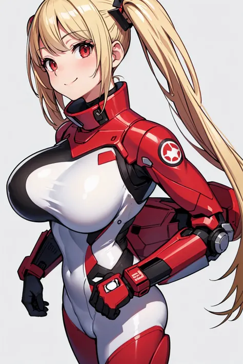 whole body,Standing posture, (alone,Blonde,Twin tails,) (One girl, Big Breasts), (beautifully drawn face:1.2) (Plug Suit:1.3,Red clothes) A determined smile,Cool pose,(White background) 