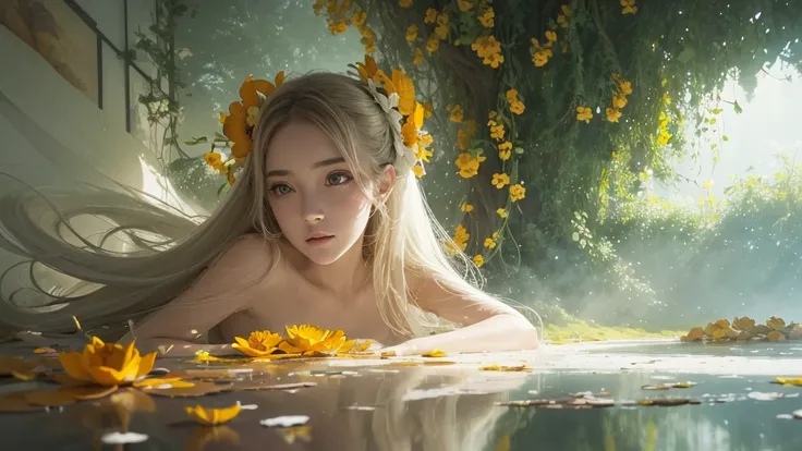 32k, Masterpiece, highest quality, One girl, Detailed eyes, flower,Sandersonia, Yellow and white style,A dreamy, romantic piece,Pale orange, Mysterious Leaves,A playful arrangement,Fantasy,High Contrast,Ink strokes,explosion,Exposure, Impression of yellow ...