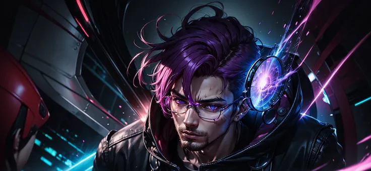 (anime looking man purple hair punk) (purple round glasses color crystal purple)(magic pink) (pink aura lenses)
(Neon scar pink)(Masculine)
(Cyberpunk)