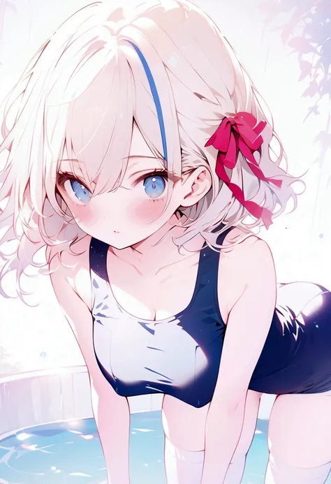 beautiful, masterpiece, highest quality, anime, One girl, C Cup,Portrait Shot, View your viewers, Intricate details,>,((Covered、Short Hair、nearby、Blue Eyes、art、、White hair,Blue streaked hair、wallpaper、ribbon、School swimsuit、White knee socks、Beautiful breas...