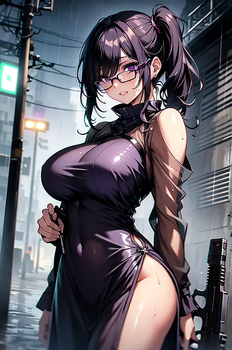 masterpiece,Big Breasts,beauty,Purple glasses,Black Hair,Side Ponytail,Surrounded by zombies,Gritting your teeth,See-through dress,Holding a gun,heavy rain,Wet with rain