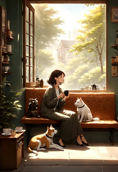 studio ghibli style, jazz, retro coffee shop, a relaxed sunday morning. a woman and a dog are sitting together, enjoying coffee....